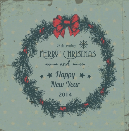 Hand - drawn Christmas wreath made of fir branches and holly berries tied with red bow on grunge patterned background with starsのイラスト素材