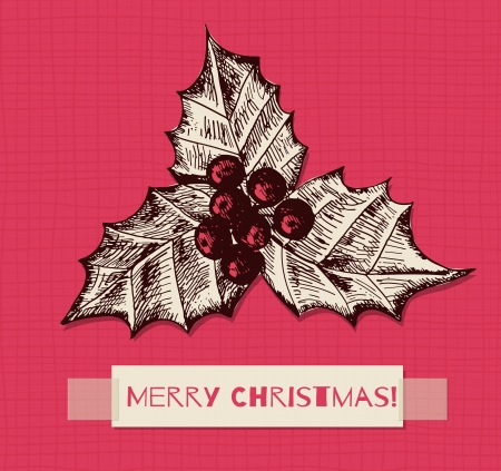  Christmas illustration with Holly berry gifts on textured backgroundのイラスト素材