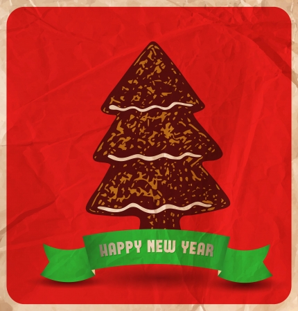 Hand-drawn  Christmas cookie tree, green ribbon on  red background with old wrinkled paper textureのイラスト素材