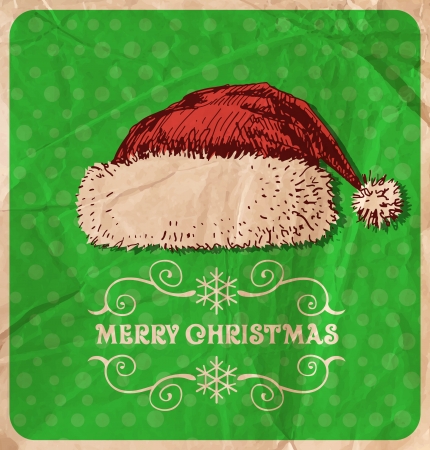 Hand-drawn Christmas hat on green dot pattern background with old wrinkled paper textureのイラスト素材