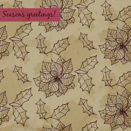Hand - drawn poinsettia pattern with old paper texture and red label, Christmas cardのイラスト素材