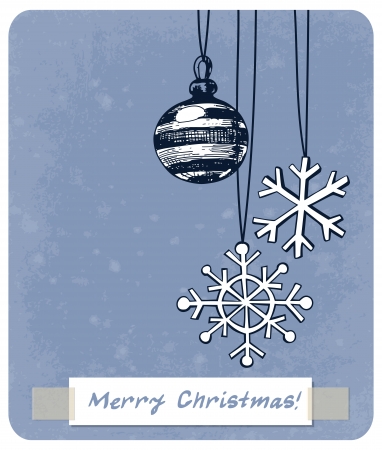 Hand - drawn  bauble and 2 snowflake ornaments on blue background with  old paper texture, Christmas backgroundのイラスト素材