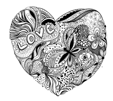 Hand - drawn heart made of flowers, petals, butterflies, leaves and patterns, letters love, Valentine day illustrationのイラスト素材