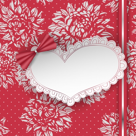 Hand- drawn Valentine's day card, pattern with dahlias, heart - shaped label with floral frame and bowのイラスト素材