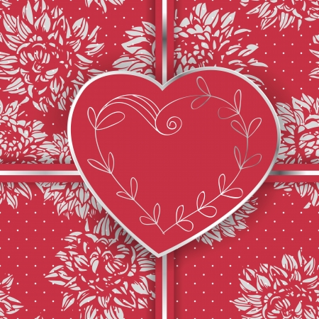 Hand- drawn Valentine's day card, pattern with dahlias, heart - shaped label with floral frame and ribbonのイラスト素材