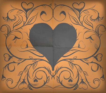 Valentine's day card, hand - drawn floral ornaments with hearts forming one big heart on old paper backgroundのイラスト素材