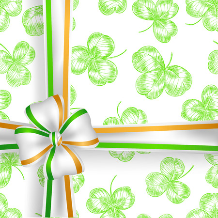 St. Patrick day card, White ribbon with orange and green on with clover patternのイラスト素材