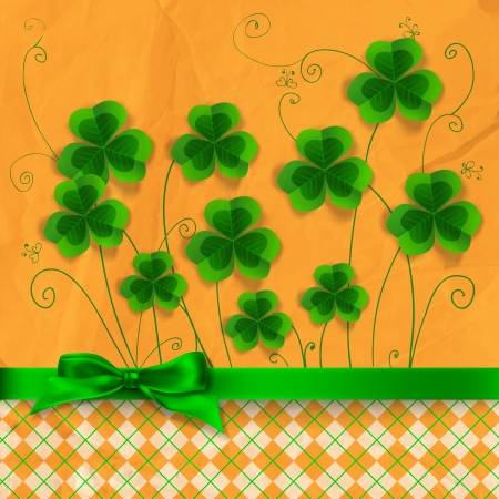 St. Patrick day card, clovers on orange with hand - drawn floral ornaments and stylized butterflies, green bow and checked pattern, old crumpled paper textureのイラスト素材