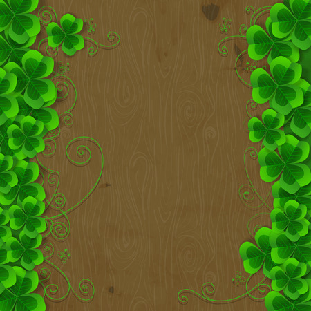 St. Patrick day card, clover borders with hand - drawn floral ornaments and stylized butterflies wooden backgroundのイラスト素材