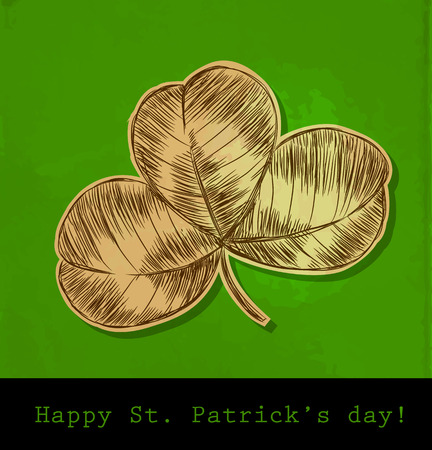  St. Patrick day card, hand- drawn three leaf clover on green background with old paper textureのイラスト素材