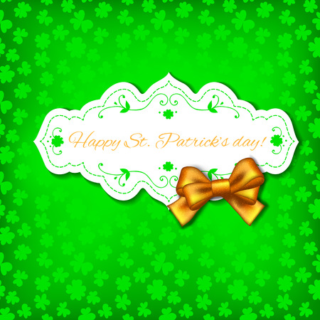 St. Patrick day card, white paper label with floral decoration and orange bow on green background with clover patternのイラスト素材