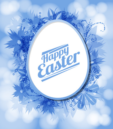 Easter card. Flowers and paint stains forming egg shaped frame with space for text on blue bokeh backgroundのイラスト素材