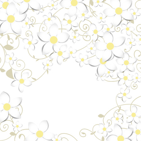 Spring floral card. White paper flowers with hand - drawn leaves and stems forming frame on white background.のイラスト素材