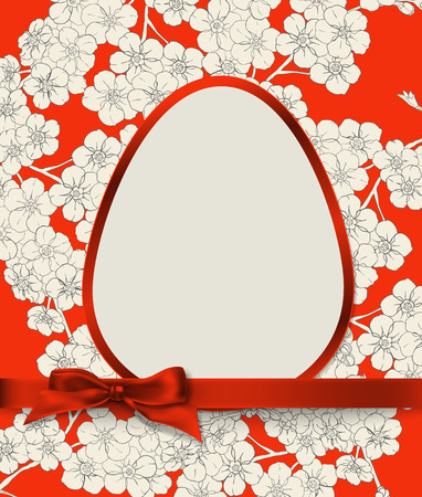 Easter card. Egg shaped label with red border decorated with red silk bow on elegant red background with floral pattern.のイラスト素材