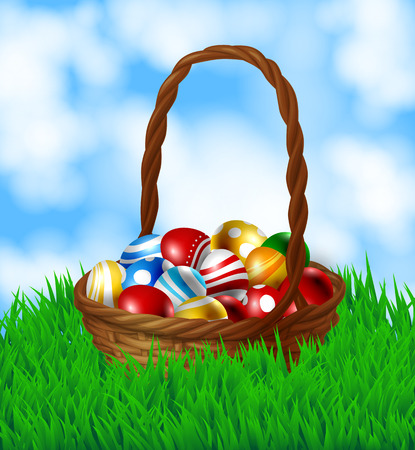 Basket with  Easter eggs. Wooden basket with many  Easter eggs. Spring background with fresh green grass and blue sky with fluffy white clouds.のイラスト素材