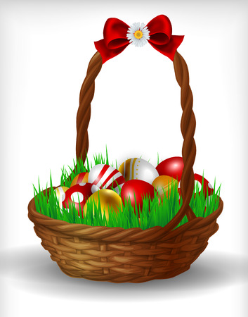 Basket with  Easter eggs. Wooden basket full with painted Easter eggs and fresh green grass. Basket has red silk bow and daisy decoration.Vector illustration contains gradient meshes.のイラスト素材