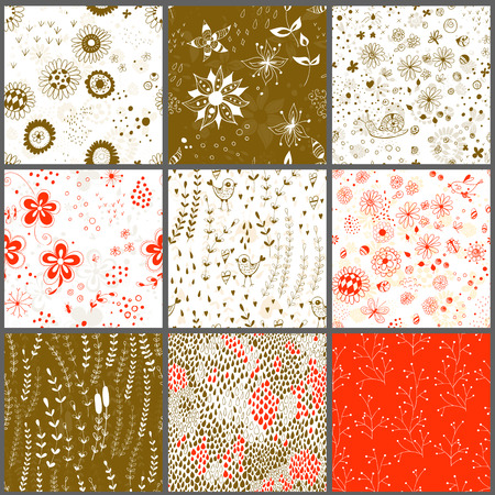 Set of nine decorative patterns - hand-drawn with stylized flowers, birds, snails, butterflies and leavesのイラスト素材