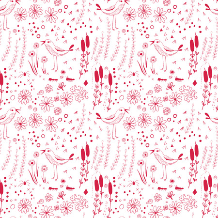 Hand- drawn  pattern with flowers, leaves, birds and drops.のイラスト素材