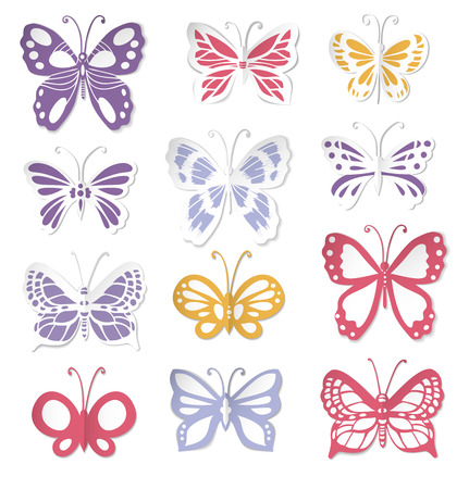 Set of 12 butterflies, decorative hand - drawn butterflies made of paper for design on white backgroundのイラスト素材