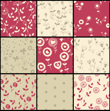 Collection of 9 hand- drawn patterns with stylized decorative flowers and leaves.のイラスト素材