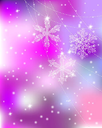 Christmas background. 3 crystal snowflake ornaments, garlands and lights on winter background with  falling fluffy snow.  Vector illustration contains gradient meshes.のイラスト素材