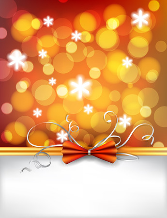 Christmas card. Golden bokeh background with fluffy snowflakes, silk bow and space for text.のイラスト素材