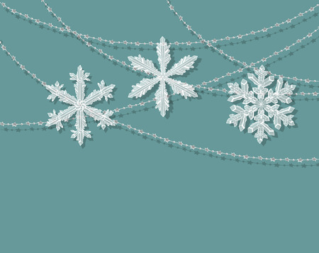 Christmas background. 3 snowflake ornaments and garlands with stars  on blue  background.のイラスト素材