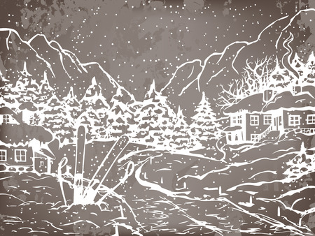 Winter town. Houses and fir trees covered with snow. On the background winter mountains. On the front skis and ski poles stick into the ground. Chalkboard background.のイラスト素材