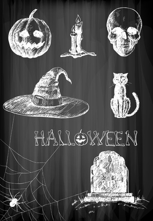 Halloween set. Hand- drawn Halloween related objects  and  animals - pumpkin, candles, skull, hat, cat, spider and tombstone on chalkboard background.のイラスト素材