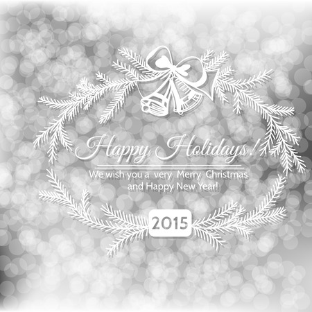 Hand - drawn frame made of fir branches and bells tied with  bow and Holiday greetings on  bokeh background.のイラスト素材