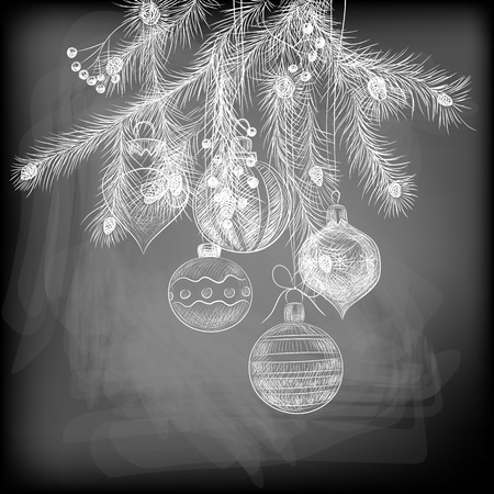 Christmas background. Hand - drawn fir branches and pine cones decorated with garlands, holly berry, baubles and teardrop ornaments on chalkboard background.のイラスト素材