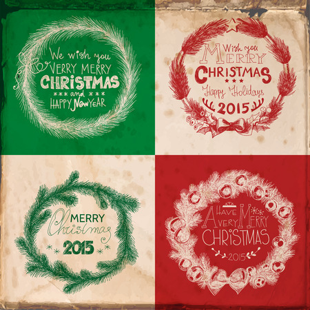 Set of 4 Christmas cards with hand -drawn wreaths made of fir branches decorated with baubles, bows and star on grunge background with old paper texture.のイラスト素材