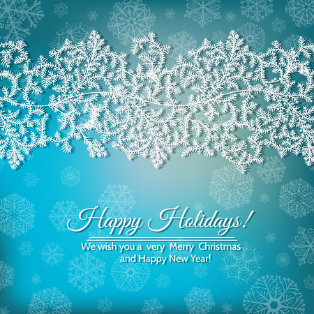 Fir border. Hand -drawn fir branches cowered with frost and forming border over blue background with snowflakes.のイラスト素材