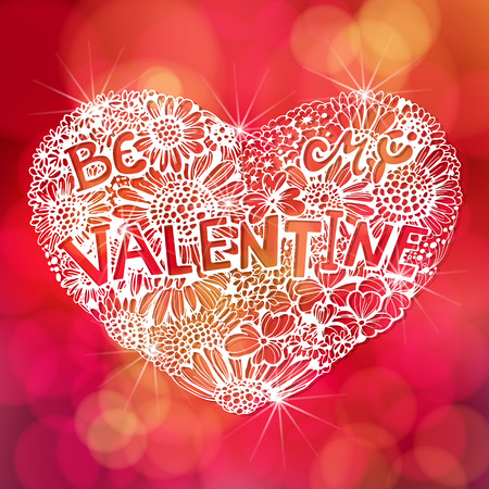 Floral heart. Hand - drawn heart made of various types of flowers on red bokeh background. Valentine day card.のイラスト素材