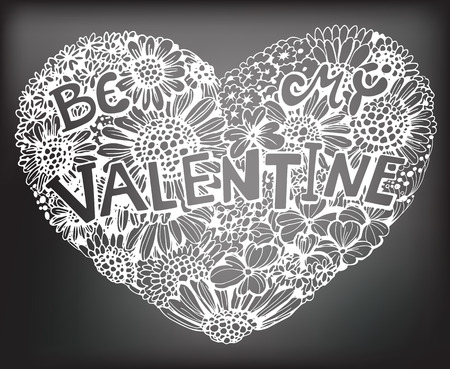 Floral heart. Hand - drawn heart made of various types of flowers on chalkboard background. Valentine day card.のイラスト素材