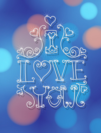 Valentine day card. White decorative lettering - I love you on blue bokeh background.のイラスト素材