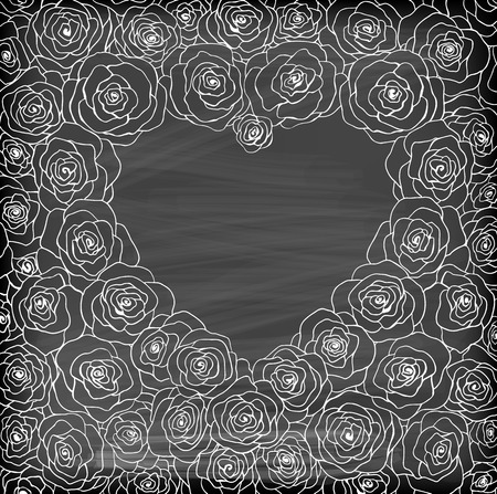 Roses forming heart shaped frame with space for text on chalkboard background.のイラスト素材