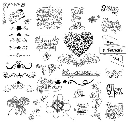 St .Patrick day set. Collection of hand - drawn elements for St. Patrick day design. Clovers, frames, heart made of clovers and lettering on white background.のイラスト素材