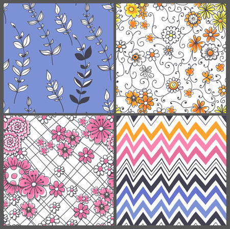 Set of 4 seamless patterns with leaves, flowers and chevron.のイラスト素材