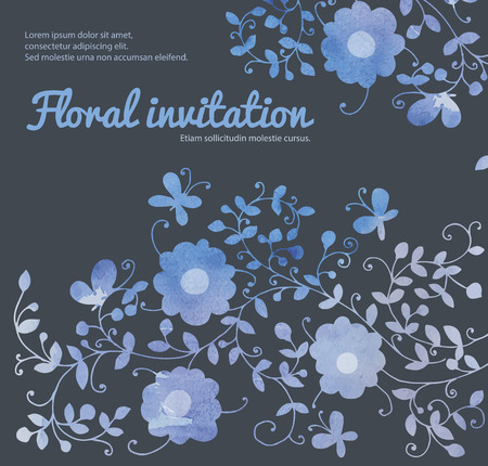 Watercolor background with hand drawn flowers, branches, leaves and butterflies and space for text.のイラスト素材