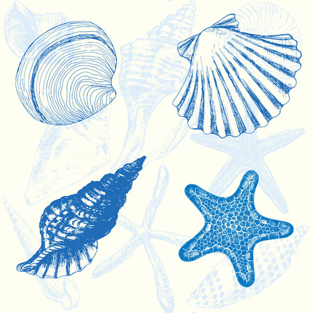 Seamless pattern with hand - drawn seashells and starfishのイラスト素材