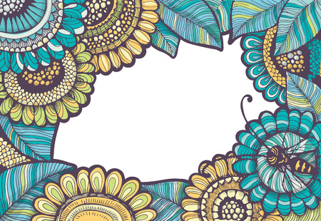 Hand drawn illustration with decorative flowers and bee forming frame with space for text.のイラスト素材
