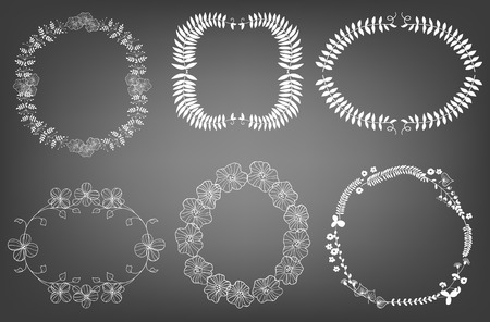 Collection of 6 hand drawn floral frames and laurels on chalkboard  background.のイラスト素材