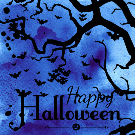 Halloween card.  Three branch silhouette, flying baths and Halloween lettering on watercolor background.のイラスト素材
