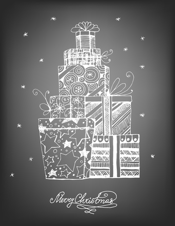 Hand - drawn pile of Christmas gifts on chalkboard background. Vector illustration contains gradient meshes.のイラスト素材