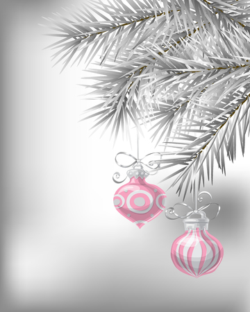 Christmas card with fir branches and  Christmas baubles on silver background. Vector illustration contains gradient meshes.のイラスト素材