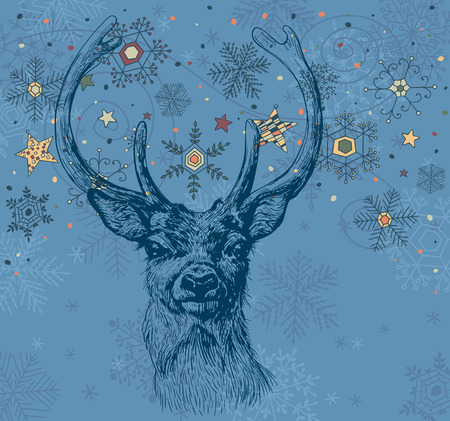 Hand drawn deer head on grunge background with snowflakes.のイラスト素材