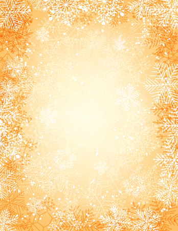 Golden Christmas background with falling snow, lights and  frame of snowflakes. Vector illustration contains gradient meshes.のイラスト素材