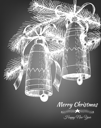 Two Christmas bells tied with bows and fir branches on chalkboard background. Vector illustration contains gradient meshes.のイラスト素材