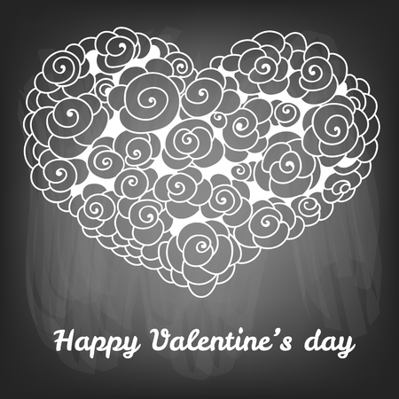 Valentines day card.Doodle flowers forming heart and lettering on chalkboard background.  illustration contains gradient meshes.のイラスト素材